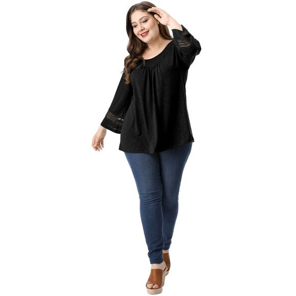 Women's Plus Size Crochet Panel Kimono Raglan Sleeves Tops Black - Picture 3 of 6